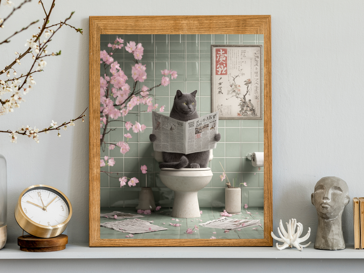 Gray cat sitting on a toilet reading a newspaper surrounded by cherry blossoms and sage green tiled walls in a whimsical Japandi bathroom art print.