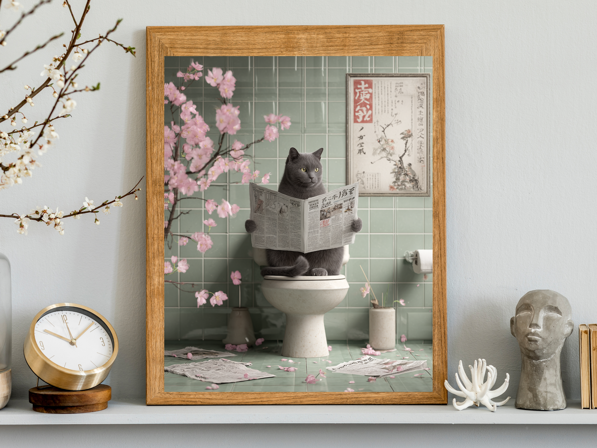 Gray cat sitting on a toilet reading a newspaper surrounded by cherry blossoms and sage green tiled walls in a whimsical Japandi bathroom art print.