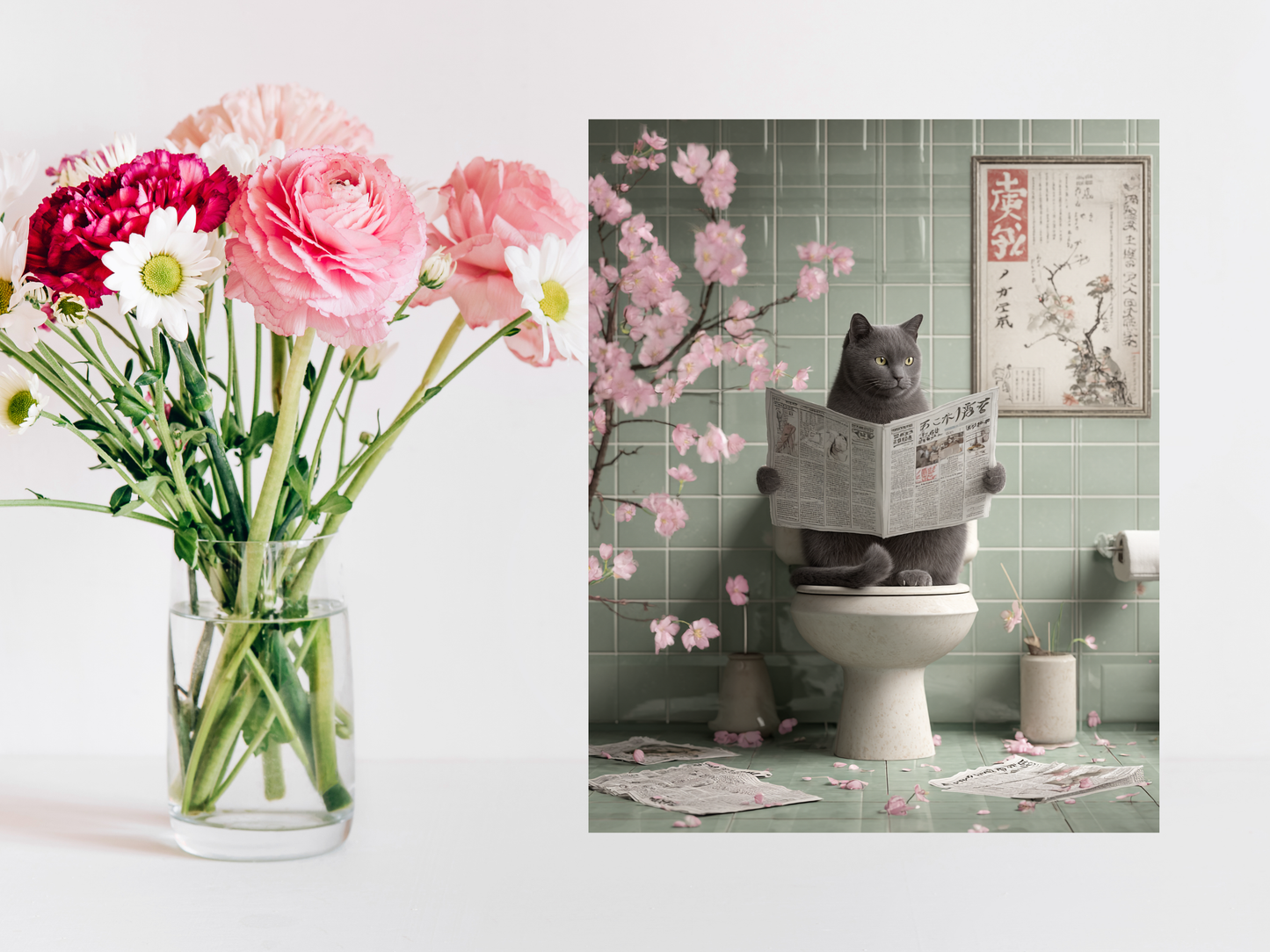 Gray cat sitting on a toilet reading a newspaper surrounded by cherry blossoms and sage green tiled walls in a whimsical Japandi bathroom art print.