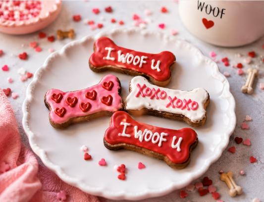 Dog Mom Valentine bone  shaped organic dog cookies hand-decorated in red and pink icing