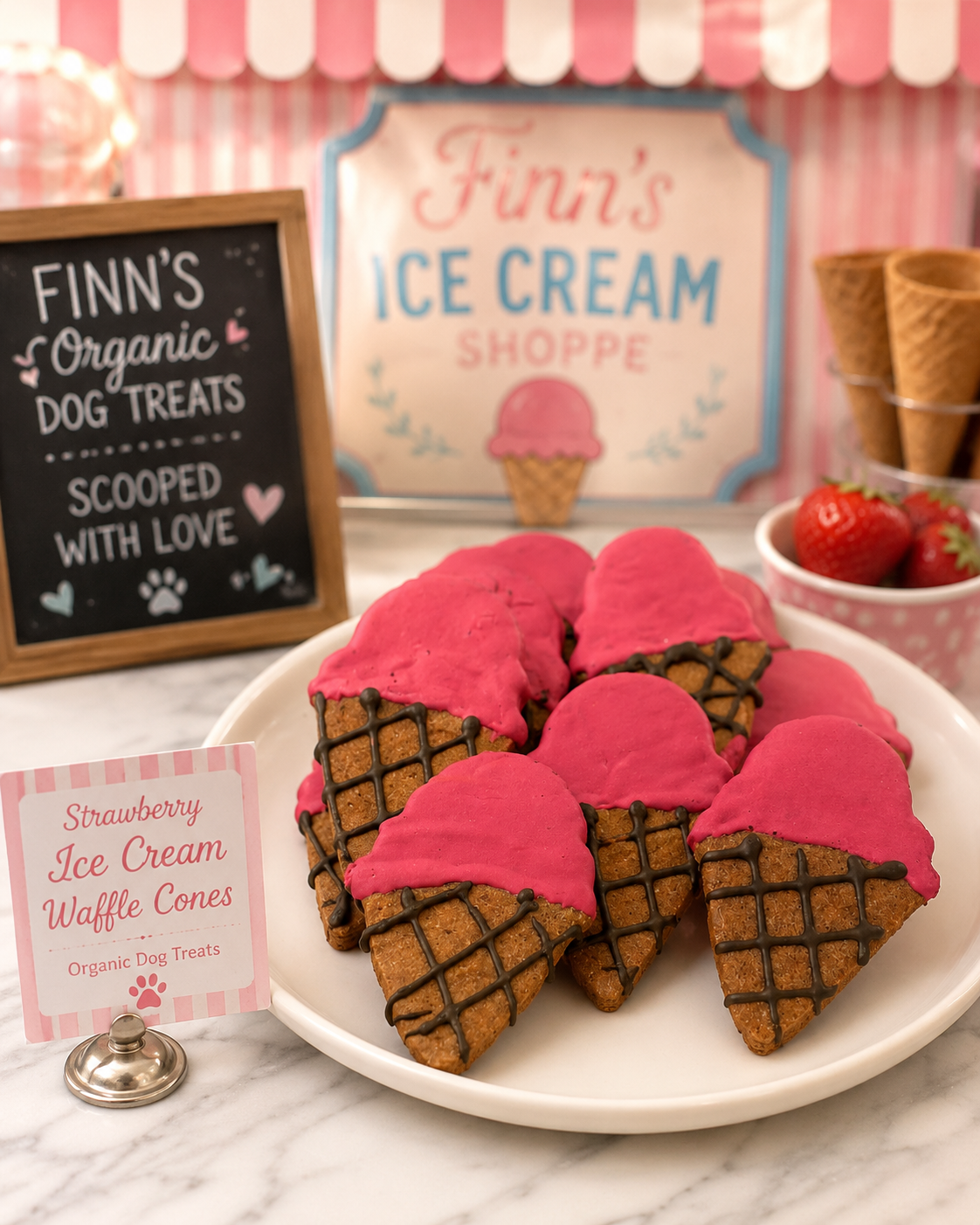 Ice cream cone-shaped dog treats with pink icing and chocolate-dipped tops displayed on a pink striped serving tray inside a pastel ice cream shop scene. The setup features marble counters, colorful ice cream tubs, waffle cones, decorative signs, and soft bakery-style lighting for a whimsical dessert shop aesthetic.