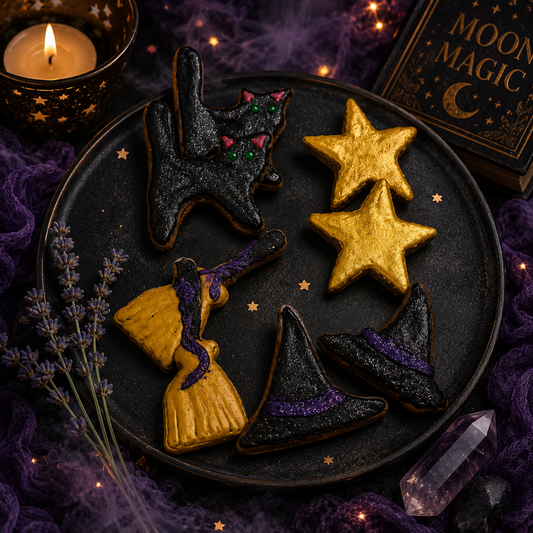 Moon Magic Halloween dog cookies featuring black cats, witch hats, broomsticks, and golden stars handcrafted with organic ingredients by PAWsitively Organic Dog Bakery