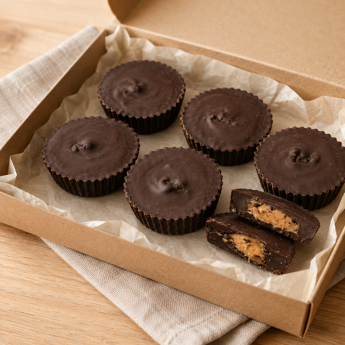 Handcrafted organic peanut butter cup dog treats stacked in a professional bakery-style display. The treats feature a rich carob coating with a creamy peanut butter center and are presented alongside PAWsitively Organic Dog Bakery branding, highlighting organic ingredients, handmade craftsmanship, and USA-made quality. 🐾🥜🍫