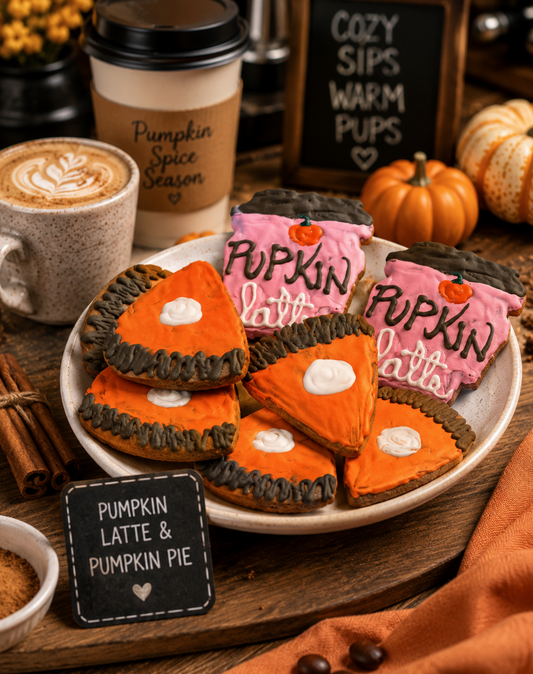 “Hand-decorated pumpkin pie slice dog cookies and pink pumpkin latte mug cookies displayed in a cozy café-inspired autumn setting. The festive organic dog treats feature bright orange icing, whipped cream details, and chocolate drizzle accents, arranged on a rustic wooden table beside steaming pumpkin spice lattes, cinnamon sticks, mini pumpkins, and warm café décor for a charming fall bakery atmosphere.”
