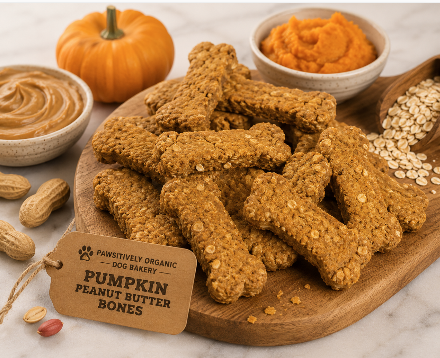 Organic Pumpkin Peanut Butter bone-shaped dog treats handmade by PAWsitively Organic Dog Bakery