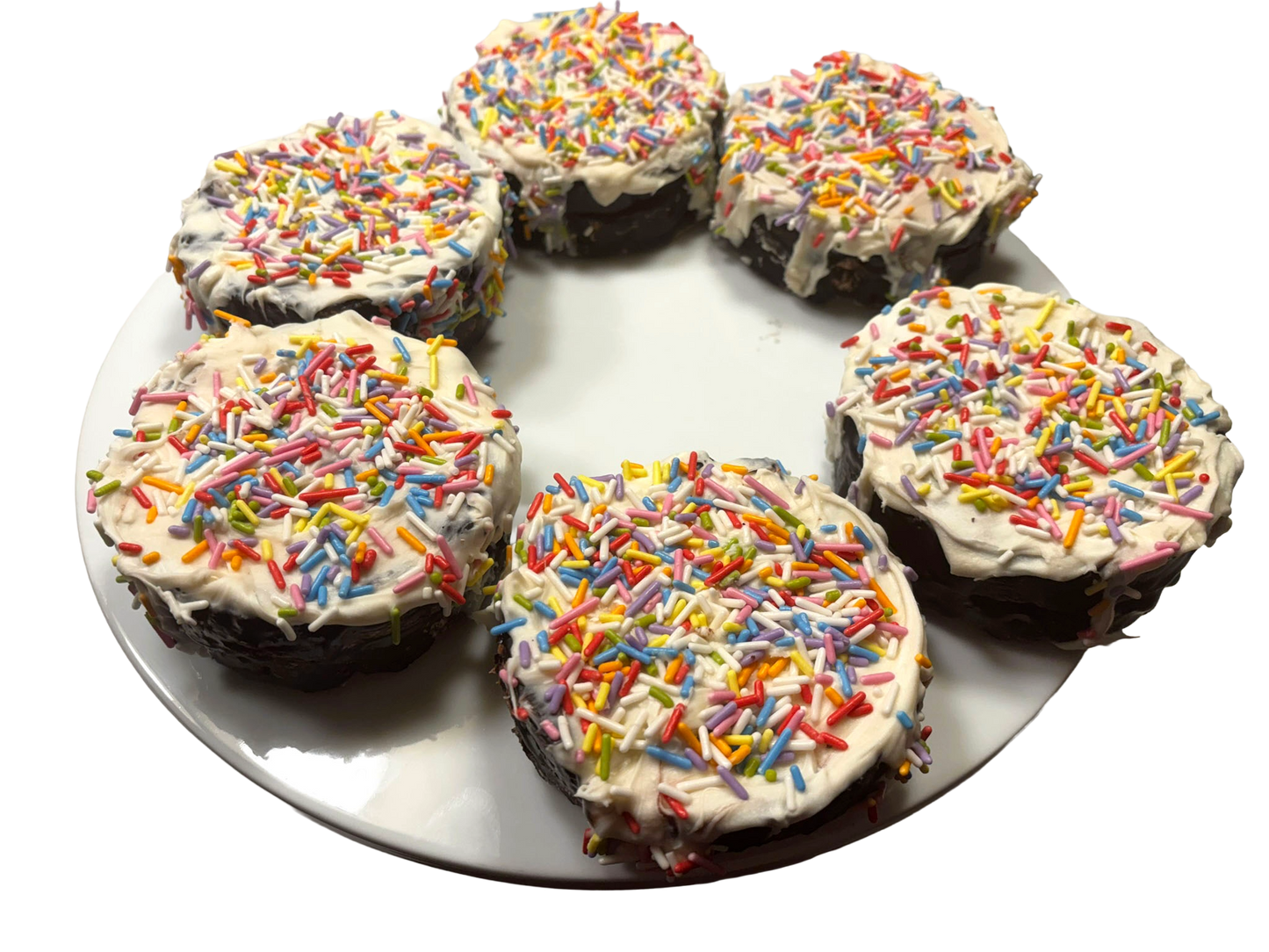 Peanut butter frosted rice cake dog treat topped with yogurt chips carob chips and sprinkles