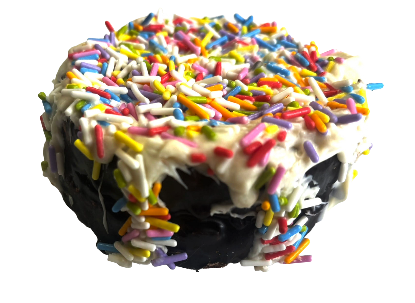 Pawfetti Cakes peanut butter frosted rice cake dog treats with colorful sprinkles