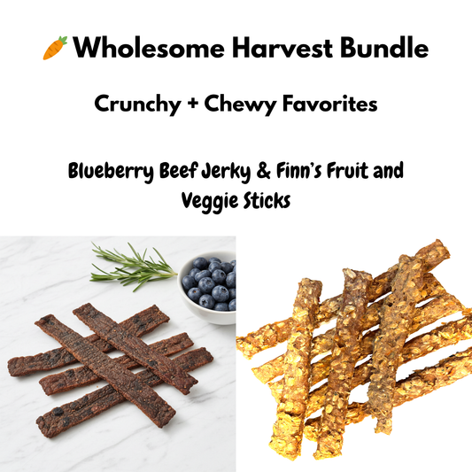 Organic dog treat bundle featuring blueberry beef jerky and Finn’s fruit and veggie sticks handmade with wholesome ingredients