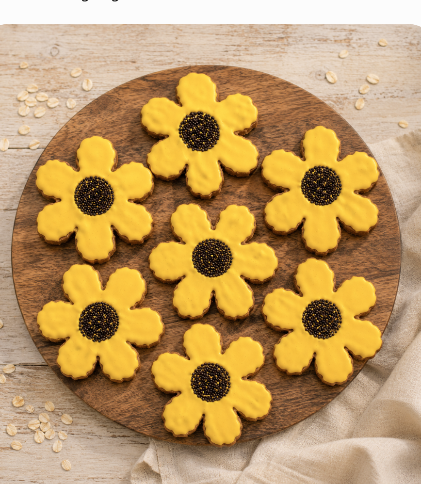 Handmade sunflower-shaped dog cookies decorated with bright yellow icing and dark sprinkle centers, arranged on a white plate. The cheerful floral treats are made with organic ingredients and styled with a warm summer-inspired aesthetic.