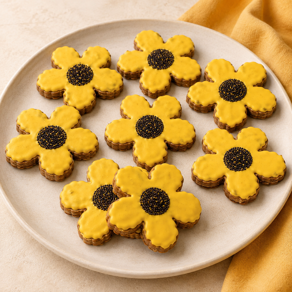 Handmade sunflower-shaped dog cookies decorated with bright yellow icing and dark sprinkle centers, arranged on a white plate. The cheerful floral treats are made with organic ingredients and styled with a warm summer-inspired aesthetic.