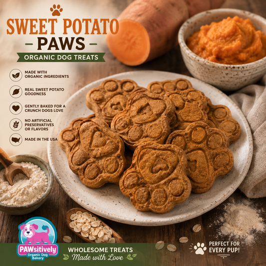 Sweet Potato Paws organic dog treats shaped like paw prints and displayed on a rustic plate with sweet potatoes and wholesome ingredients. Handmade crunchy dog cookies made with organic sweet potato, whole wheat flour, egg, and cinnamon from PAWsitively Organic Dog Bakery. 🍠🐾