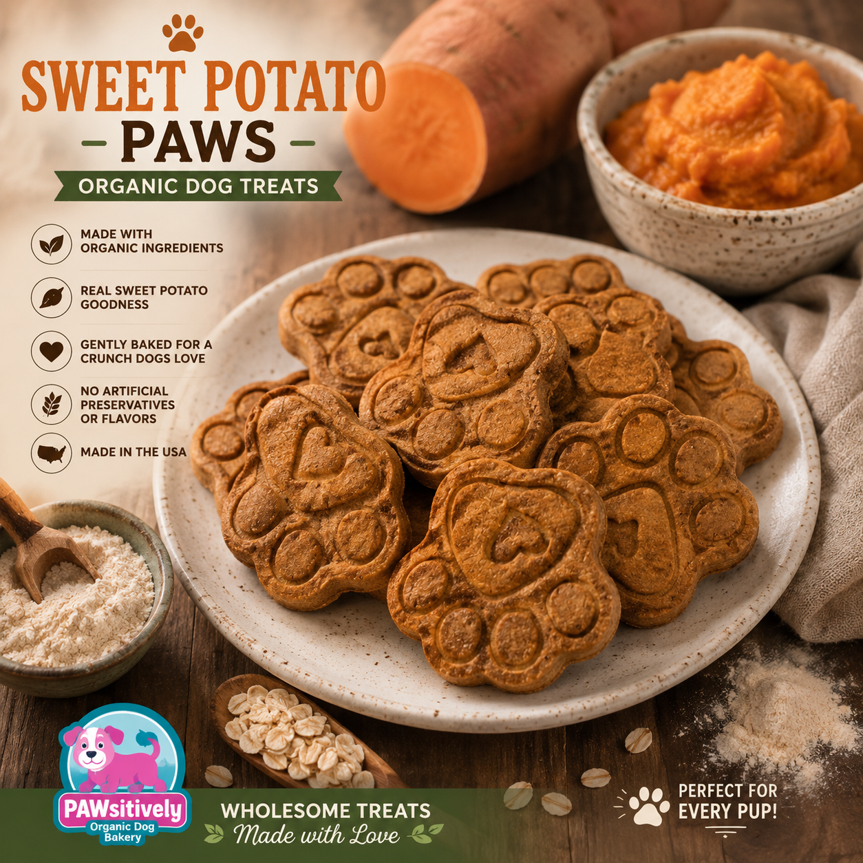 Organic Sweet Potato paw-shaped dog treats handmade by PAWsitively Organic Dog Bakery