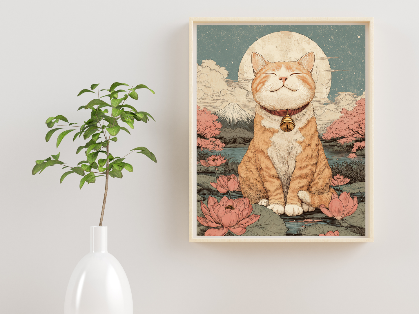 Zen Orange Tabby Cat Printable Wall Art | Japanese Mount Fuji Cat Print
