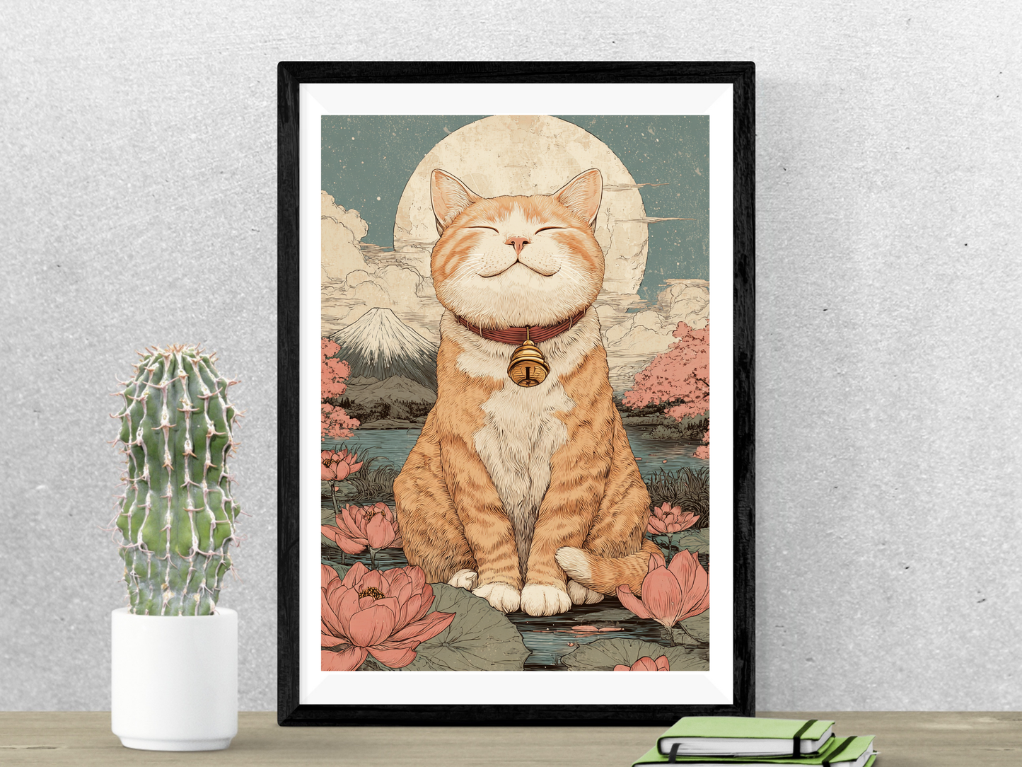 Zen Orange Tabby Cat Printable Wall Art | Japanese Mount Fuji Cat Print