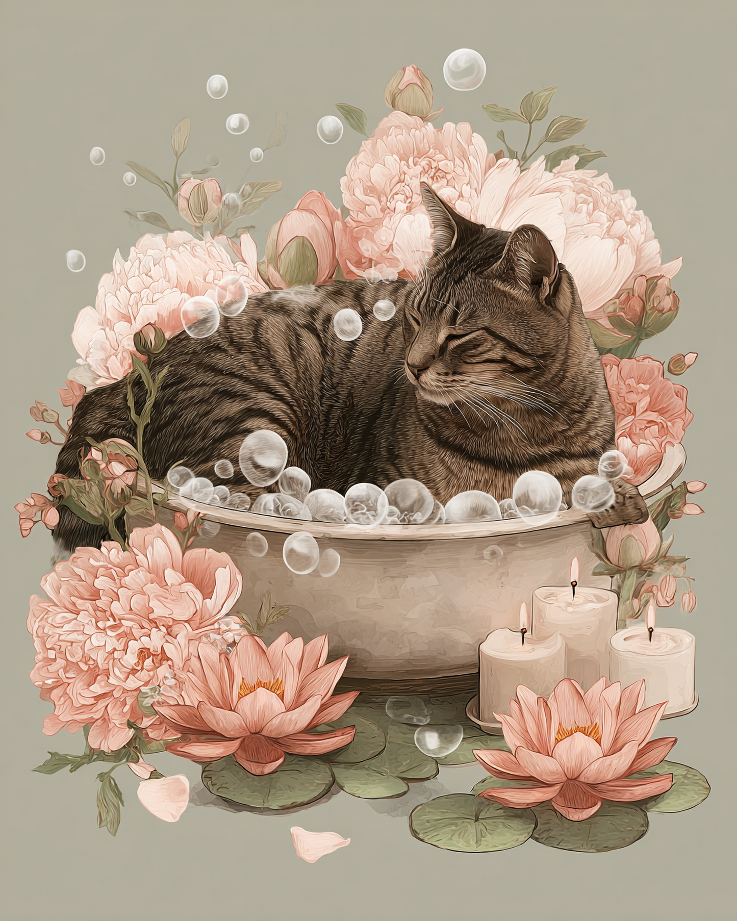 Tabby cat relaxing in a vintage bathtub surrounded by pink peonies, lotus flowers, bubbles, and candles in a soft Japandi-inspired floral art print.