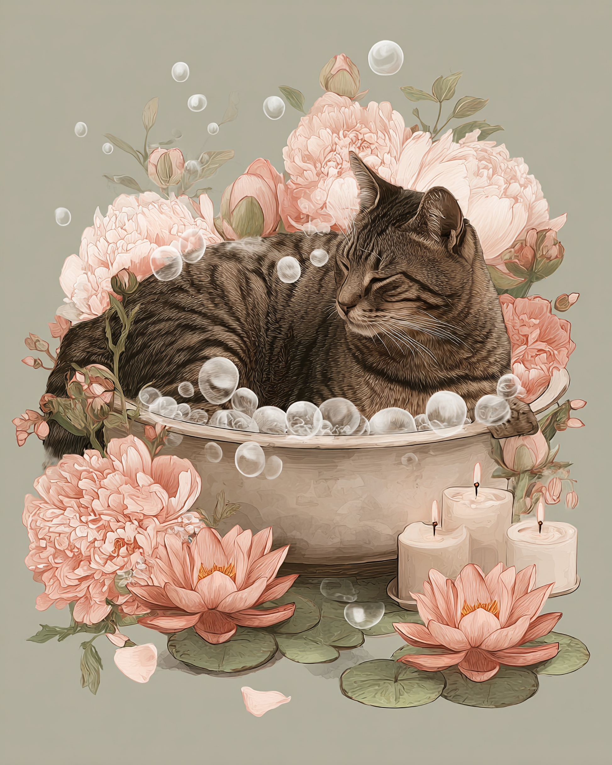 Tabby cat relaxing in a vintage bathtub surrounded by pink peonies, lotus flowers, bubbles, and candles in a soft Japandi-inspired floral art print.