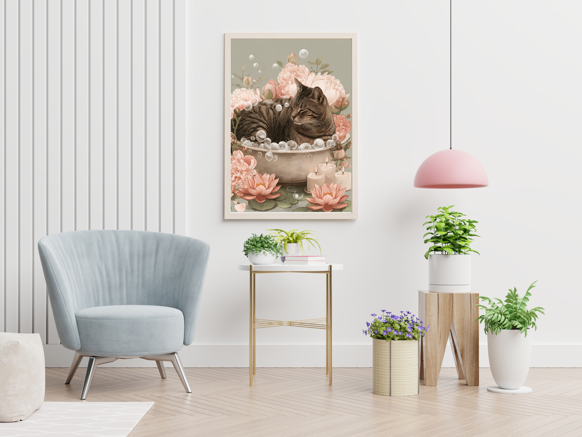 Tabby cat relaxing in a vintage bathtub surrounded by pink peonies, lotus flowers, bubbles, and candles in a soft Japandi-inspired floral art print.
