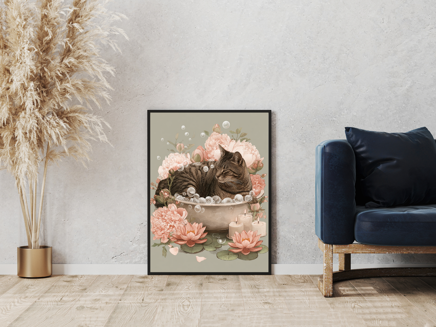 Tabby cat relaxing in a vintage bathtub surrounded by pink peonies, lotus flowers, bubbles, and candles in a soft Japandi-inspired floral art print.