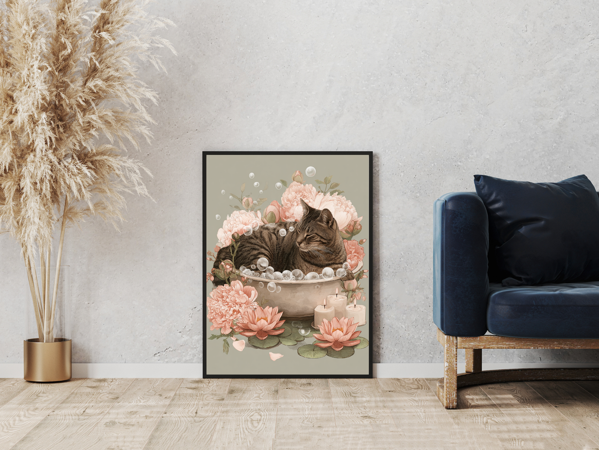 Tabby cat relaxing in a vintage bathtub surrounded by pink peonies, lotus flowers, bubbles, and candles in a soft Japandi-inspired floral art print.