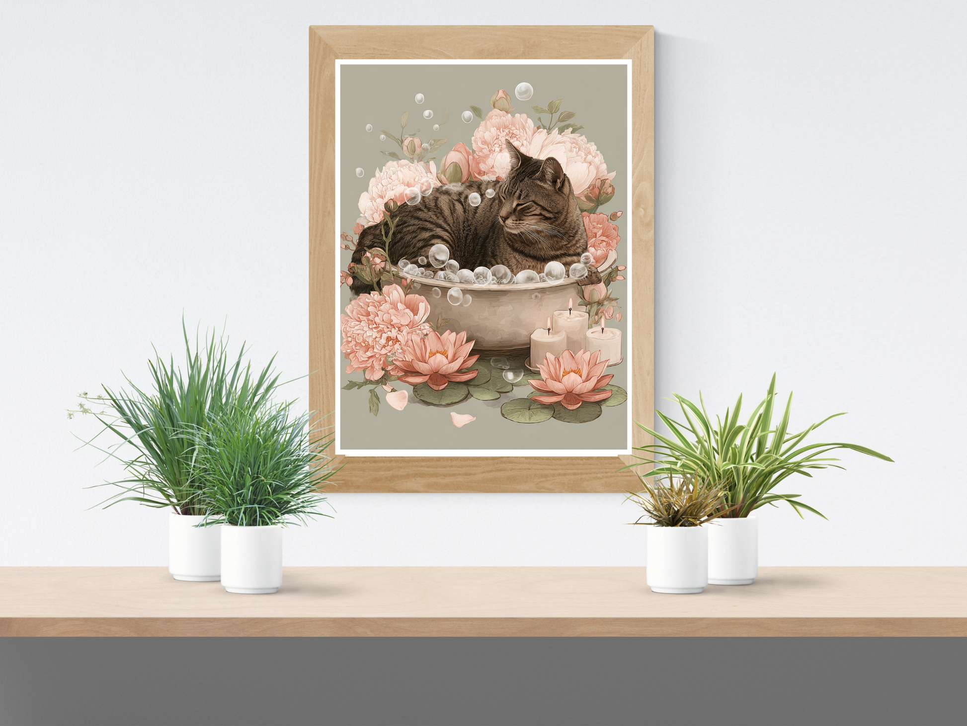 Tabby cat relaxing in a vintage bathtub surrounded by pink peonies, lotus flowers, bubbles, and candles in a soft Japandi-inspired floral art print.