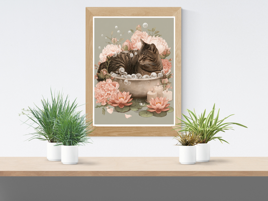 Tabby cat relaxing in a vintage bathtub surrounded by pink peonies, lotus flowers, bubbles, and candles in a soft Japandi-inspired floral art print.