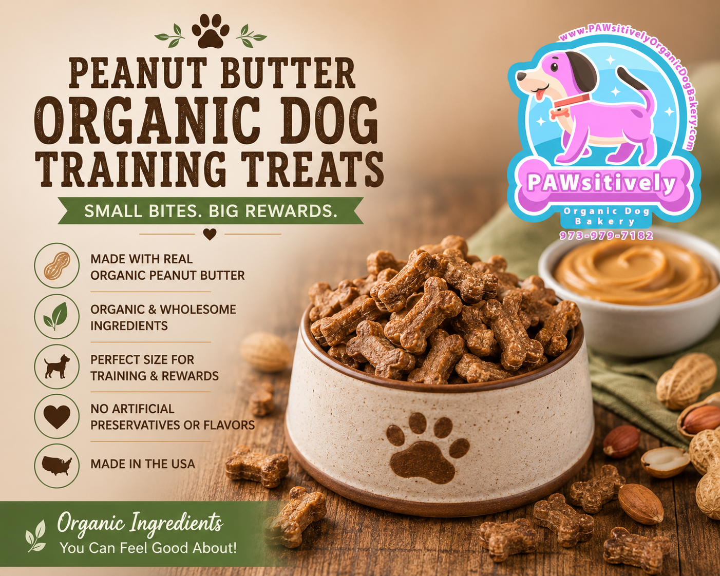 Peanut Butter Organic Dog Training Treats with 'PAWsitively' brand logo on a wooden background