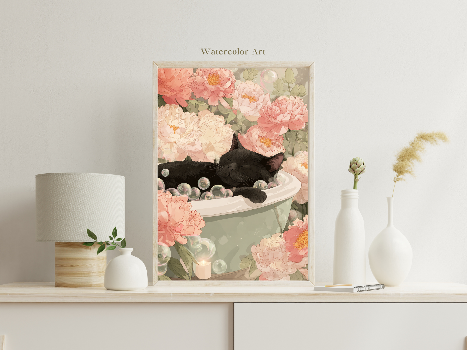 Black cat sleeping peacefully in a vintage bathtub surrounded by soft pink peonies and floating bubbles in a dreamy Japandi-inspired floral art print.