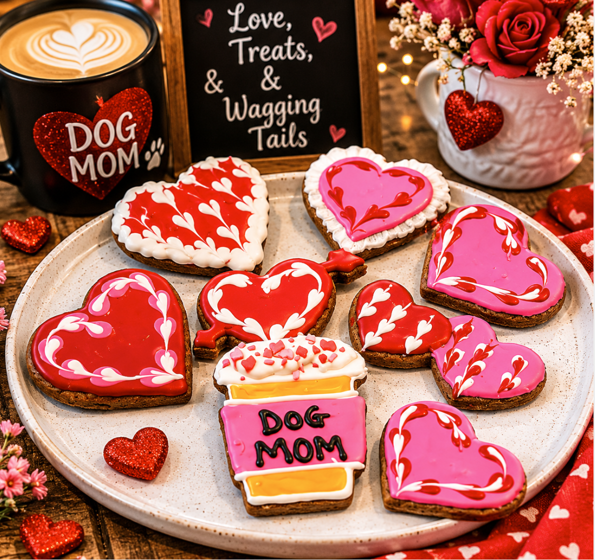 Alt text: Valentine-themed dog cookies featuring heart-shaped iced treats and a “Dog Mom” latte cup cookie displayed on a rustic café-style table with coffee, roses, sparkling heart decorations, and cozy barista-inspired Valentine décor.