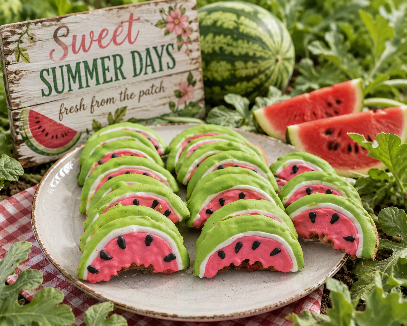 Professional image of handmade watermelon-shaped dog cookies displayed on a rustic ceramic plate in a lush watermelon field. The organic decorated cookies feature bright pink icing, green rind details, and black seed accents, surrounded by fresh watermelon slices, leafy vines, and a charming summer-themed sign. A cheerful farm-style summer scene perfect for gourmet dog treats and seasonal bakery promotions
