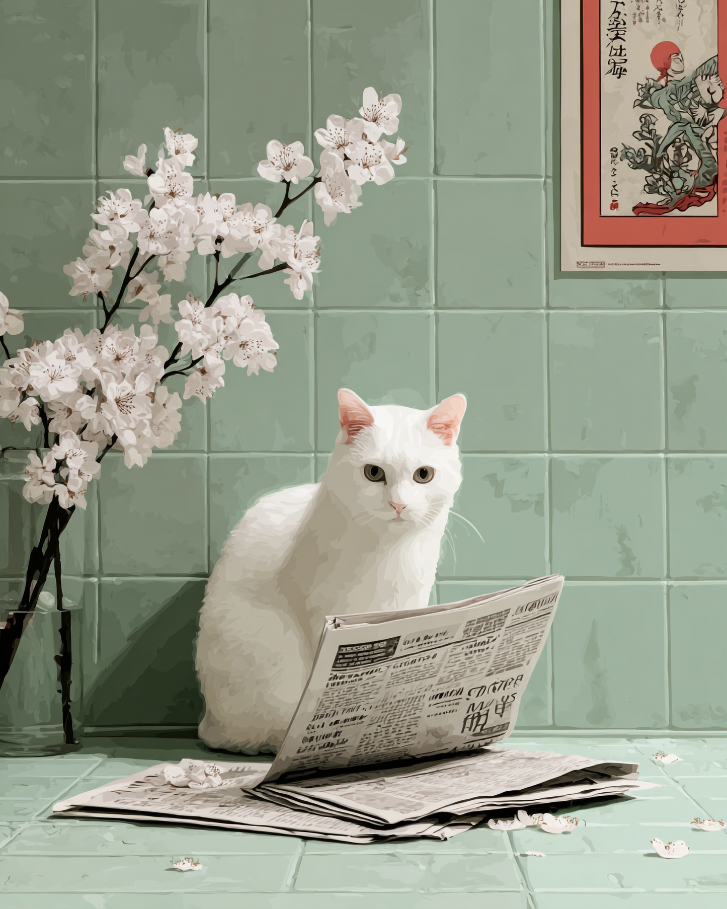White cat sitting beside a newspaper with cherry blossoms and sage green tiled walls in a Japandi-inspired bathroom art print.