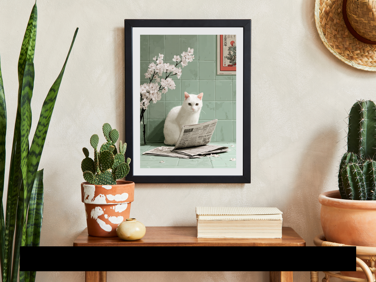 White cat sitting beside a newspaper with cherry blossoms and sage green tiled walls in a Japandi-inspired bathroom art print.