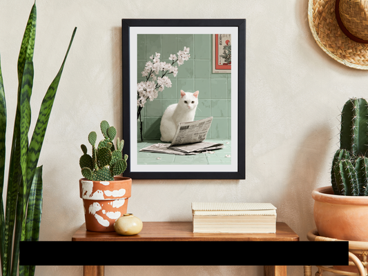 White cat sitting beside a newspaper with cherry blossoms and sage green tiled walls in a Japandi-inspired bathroom art print.