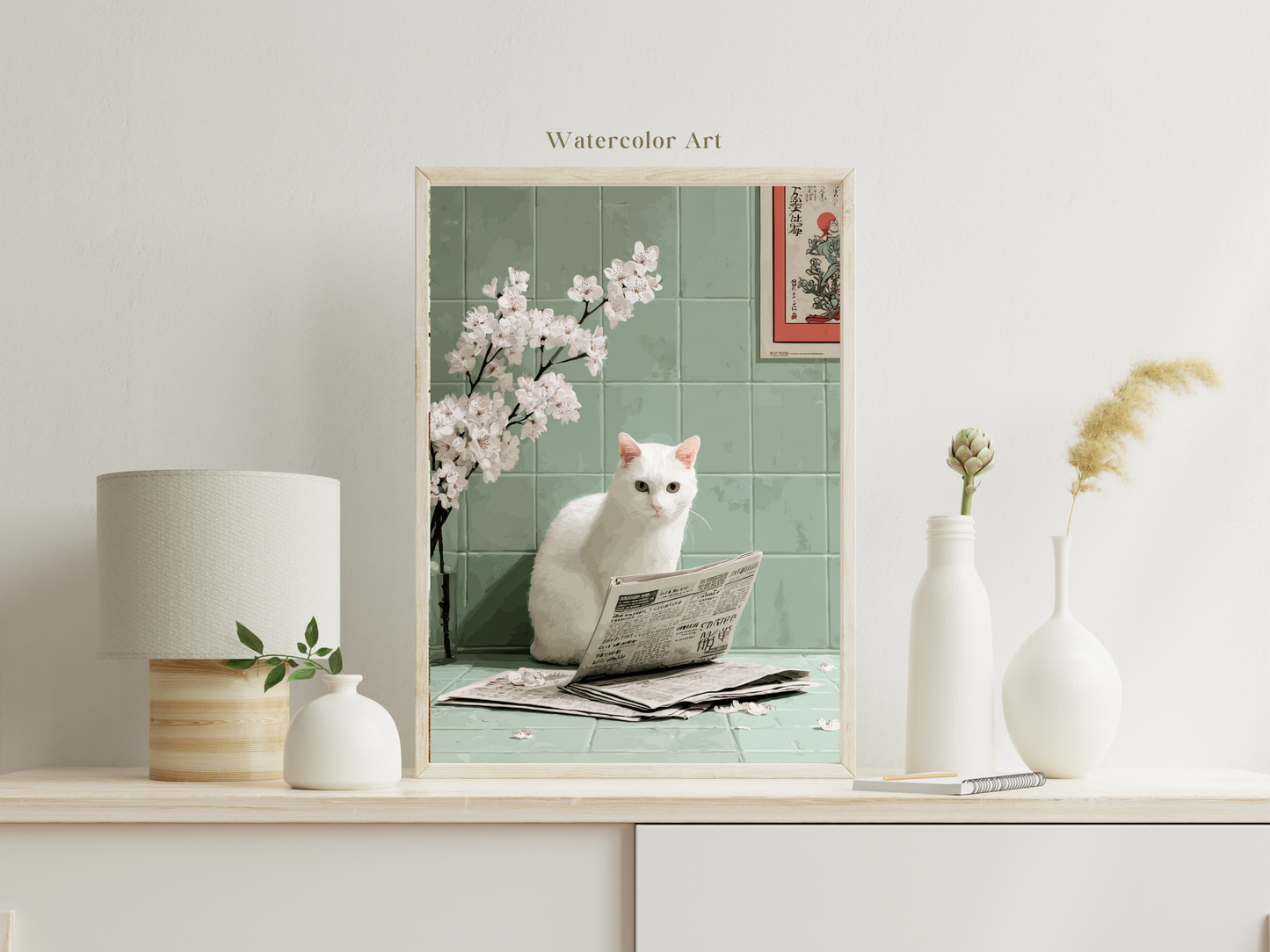 White cat sitting beside a newspaper with cherry blossoms and sage green tiled walls in a Japandi-inspired bathroom art print.