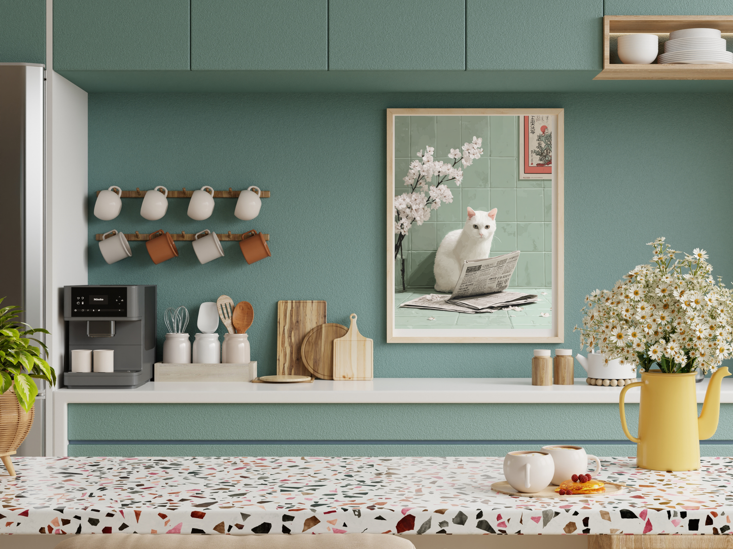 White cat sitting beside a newspaper with cherry blossoms and sage green tiled walls in a Japandi-inspired bathroom art print.